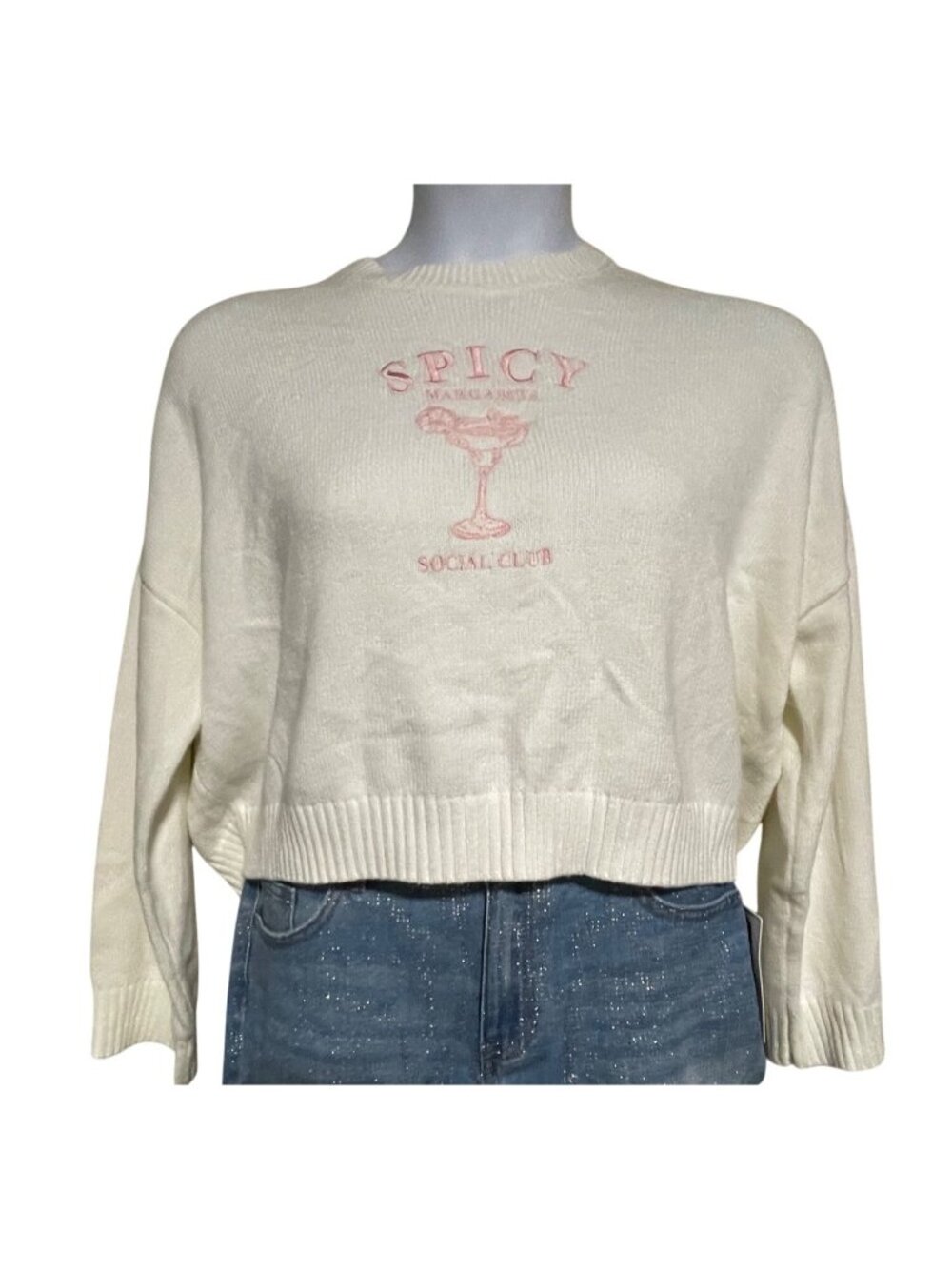Moon & Madison Cream Spicy Margarita Social Club Cropped Sweater Cotton Blend M